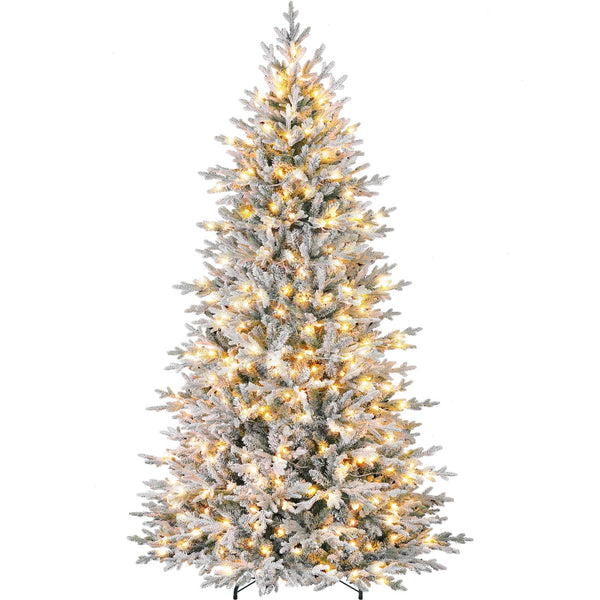 Vivatrees 7.5 Ft Prelit Snow Flocked Hinged Artificial Christmas Tree, with Warm White Lights, Metal Stand, Hinged Branches, Xmas Tree Decor, White