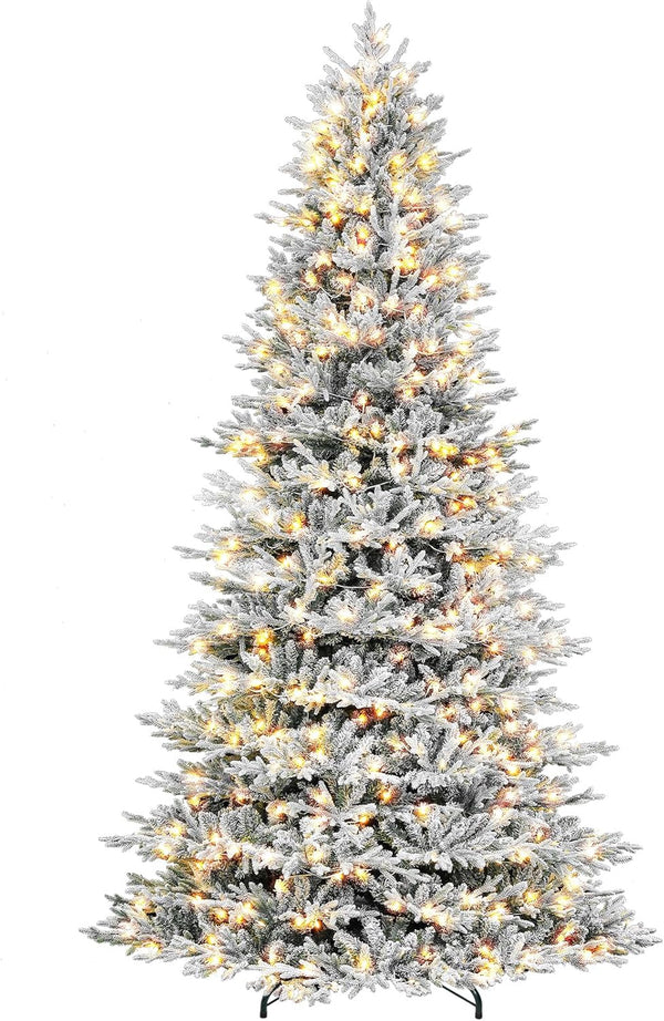 Vivatrees 12 Ft Prelit Snow Flocked Hinged Artificial Christmas Tree, with Warm White Lights, Metal Stand, Hinged Branches, Xmas Tree for Decor, White