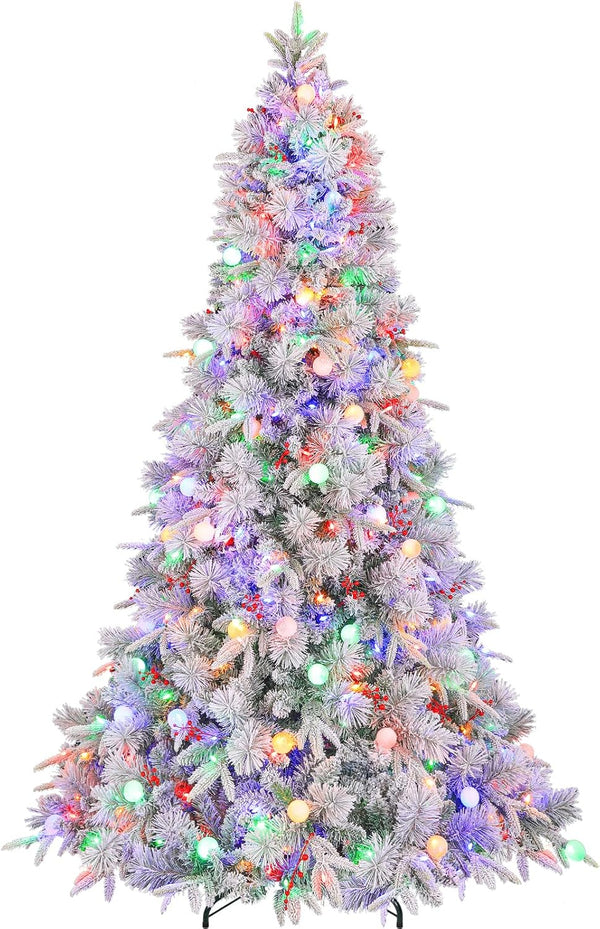 Romswi 7.5 Ft Prelit Artificial Christmas Tree, Snow Flocked 10 Lighting Modes with Multi Colors Xmas Tree with Red Berries, Metal Stand, White