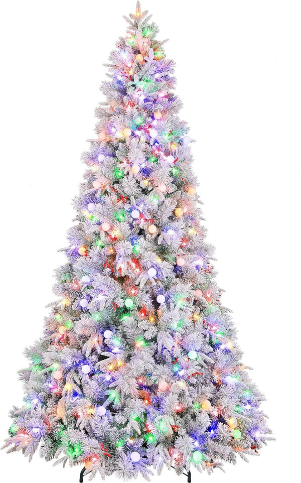 Romswi 9 Ft Prelit Artificial Christmas Tree, Snow Flocked Xmas Tree 10 Lighting Modes with Multi Colors with Red Berries, Metal Stand, White
