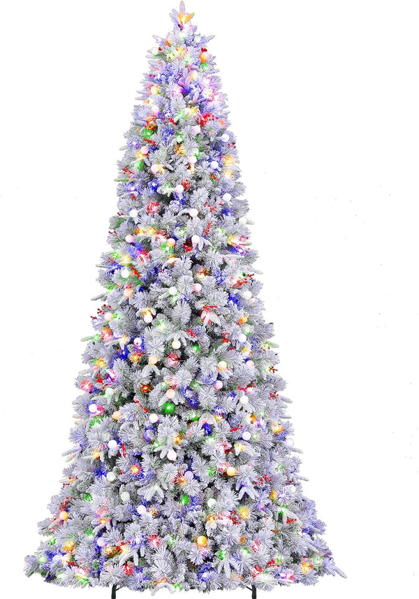 Romswi 12 Ft Prelit Artificial Christmas Tree, Xmas Tree with Red Berries, 10 Lighting Modes with Multi Colors Snow Flocked Metal Stand, White