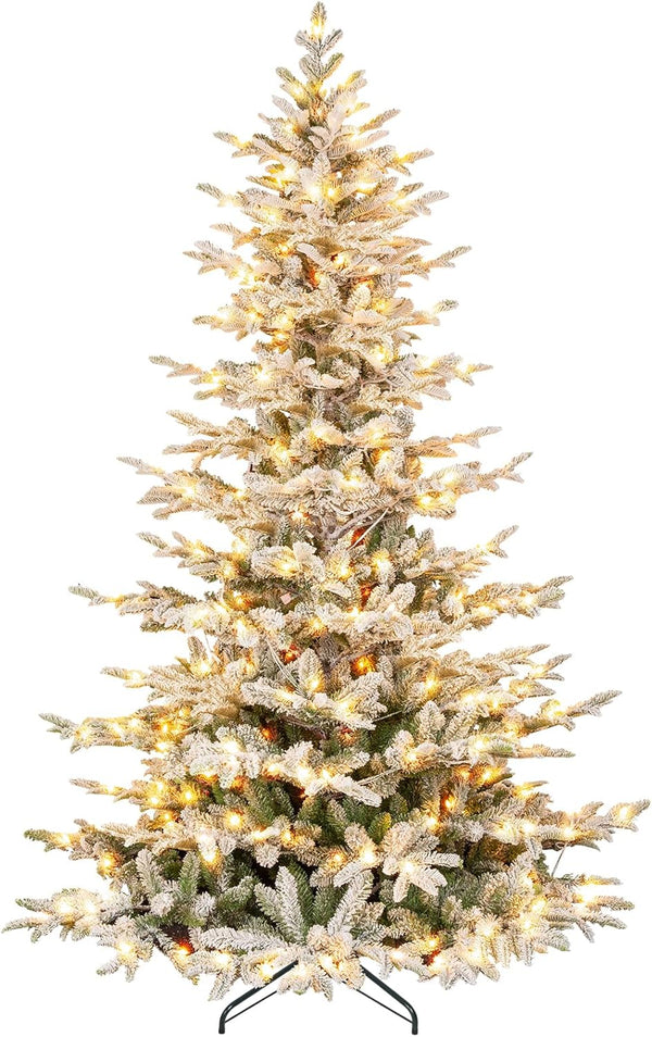 Vivatrees 6/7.5 Ft Prelit Artificial Christmas Tree, Snow Flocked with Warm White Lights, Metal Stand, Hinged Branches, Xmas Tree for Decor, White