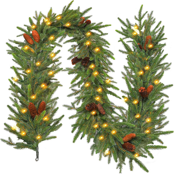Hykolity 9 ft. PE Pre-lit Christmas Garland with 50 Warm White Lights, Connectable Garland with Timer, 150 PE Tips, 16 Pinecones for Christmas & Wedding Decor, Stairway or Windows, Battery Operated