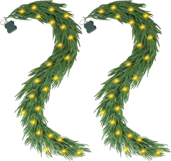 Hykolity 2 Pack 6 ft. PE Pre-lit Christmas Garland with 70 Warm White Lights, Connectable with Timer, 140 PE Tips, 12 Pinecones for Christmas & Wedding Decor, Stairway or Windows, Battery Operated