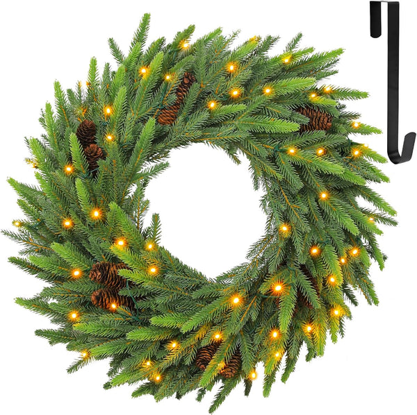 Hykolity 24 in PE Christmas Wreath - 140 Frosted Tips, 50 Warm White LEDs with Timer, 12 Pinecones for Christmas & Wedding Decor, Stairway or Windows, Battery Operated