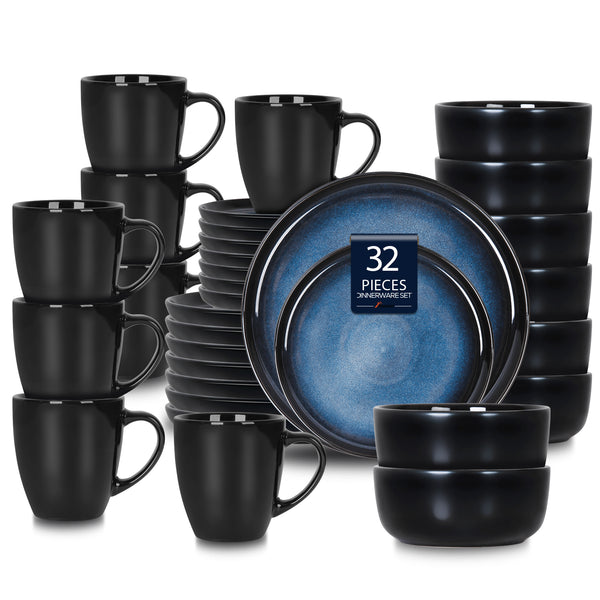 Romswi Dinnerware Set for 8, 32Pcs Stoneware Plates and Bowls Sets with Mugs, Chip & Scratch Resistant Dish Set, Handmade Reactive Glaze, Oven,Microwave and Dishwasher Safe, Dreamy Moonlight-Blue