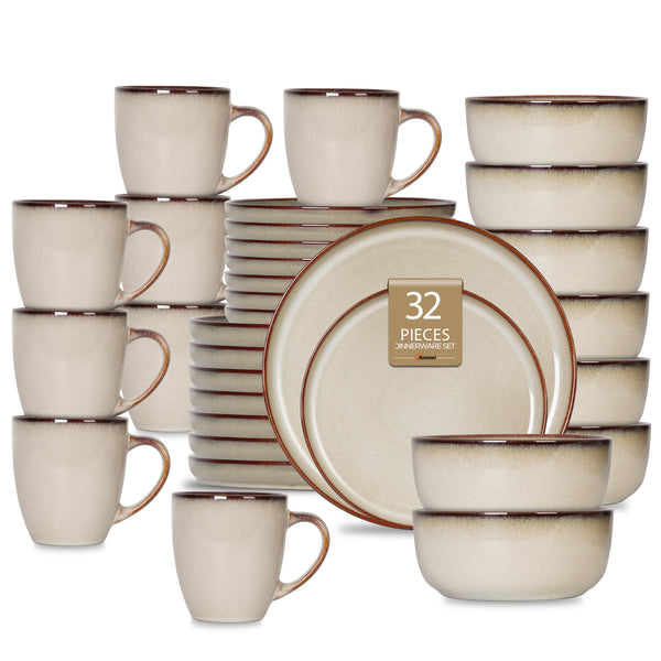 Romswi Dinnerware Set for 8, 32Pcs Stoneware Plates and Bowls Sets with Mugs, Chip & Scratch Resistant Dish Set, Handmade Reactive Glaze Plate Sets, Oven & Microwave and Dishwasher Safe,Wheat Green