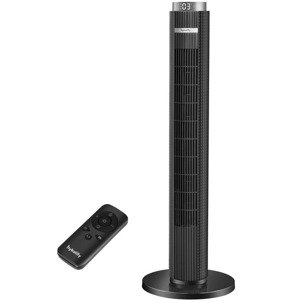 HYKOLITY 38-inch Tower Fan, Quite Oscillating Fan 3 Speed & 4 Modes Bladeless Fan with Remote Control Standing Fan for Bedroom 12H Timer, Black & Gray