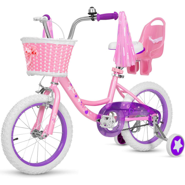 Hykolity 14 inch Girl Bicycle Children Training Bike Youth Princess First Bike with Pink Basket Doll Seat Step-through Adjustable Saddle