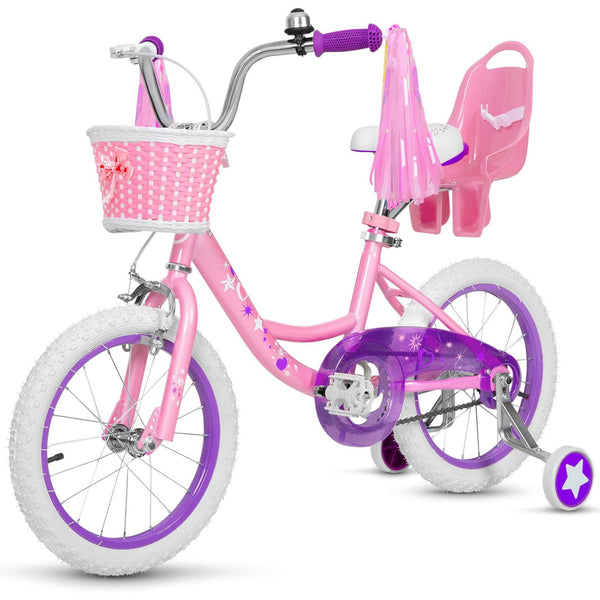 hykolity 16 inch Girls Bike Princess Bicycle for Age 4-7 Years Old Rider Height 41-53 inch includes Training Wheel Basket Doll Seat Flesh Pink