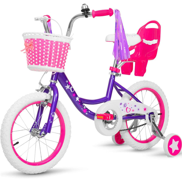 hykolity 14 inch Girls Bike Princess Bicycle for Age 3-5 Years Old Rider Height 36-47 inch includes Training Wheel Basket Doll Seat Violet Purple