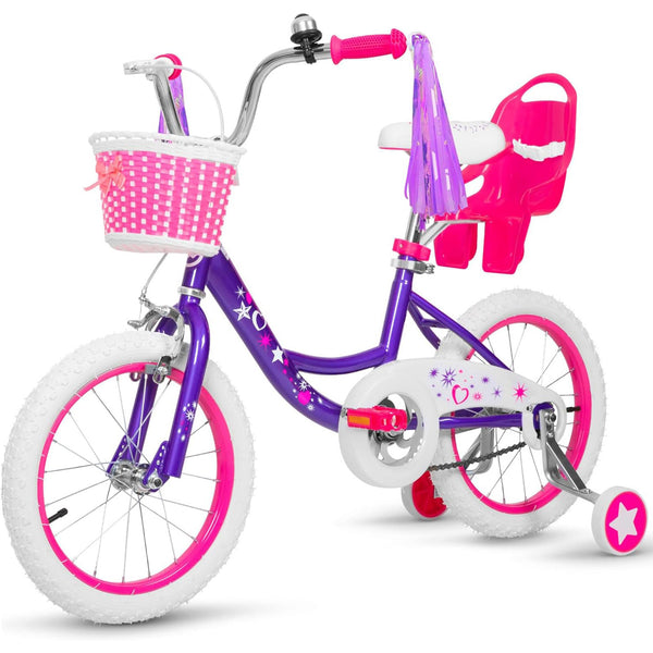 hykolity 16 inch Girls Bike Princess Bicycle for Age 4-7 Years Old Rider Height 41-53 inch includes Training Wheel Basket Doll Seat Violet Purple