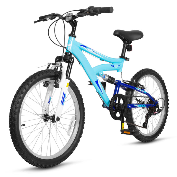 Hykolity Kids Mountain Bike 20 inch MTB Bicycle Age 6-12 Years Height 42-56 in Tween Cycling Full Suspension Sport Outdoor Bikes - Aqua Blue
