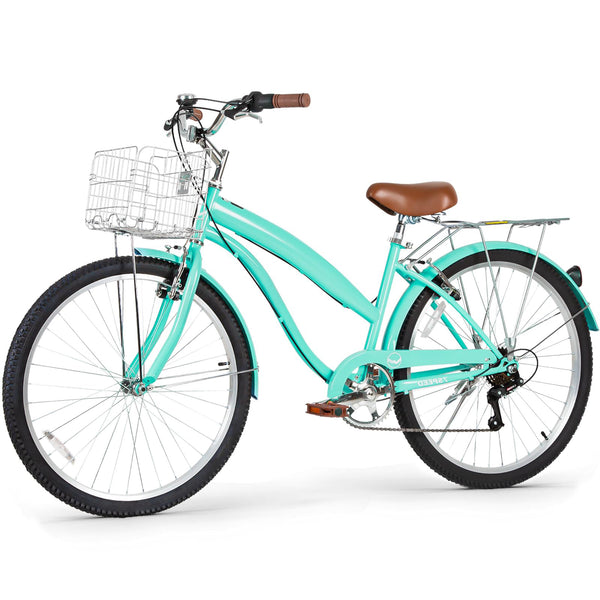 Hykolity 26 Inch Beach Cruiser Bike 7-Speed Commuter Bicycle Outdoor City Bike for Women with Rear Rack High-Carbon Steel Front Rear Fenders & Basket