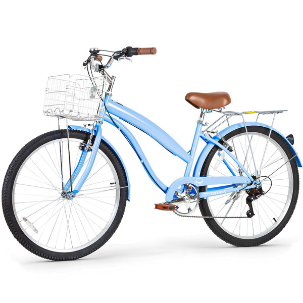 hykolity 26 inch Cruiser Bike Beach Bicycle City Bike Commuter Cycling 7 Speed for Adult Women Height 60-72 inch Front Basket Rear Rack Aquamarine