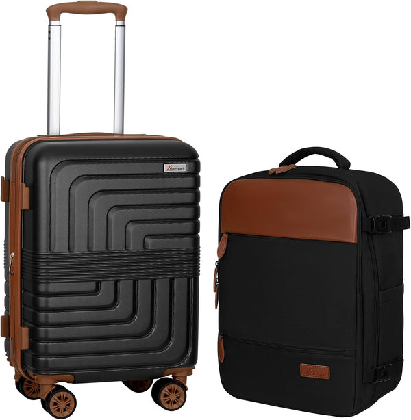 Romswi 2 Ps Expandable Luggage Sets, Carry On Luggage 20In With Travel Backpack, with Spinner Wheels, PC+ABS Hardside Suitcase Set with TSA Lock, Durable Carry On Suitcase for Men Black