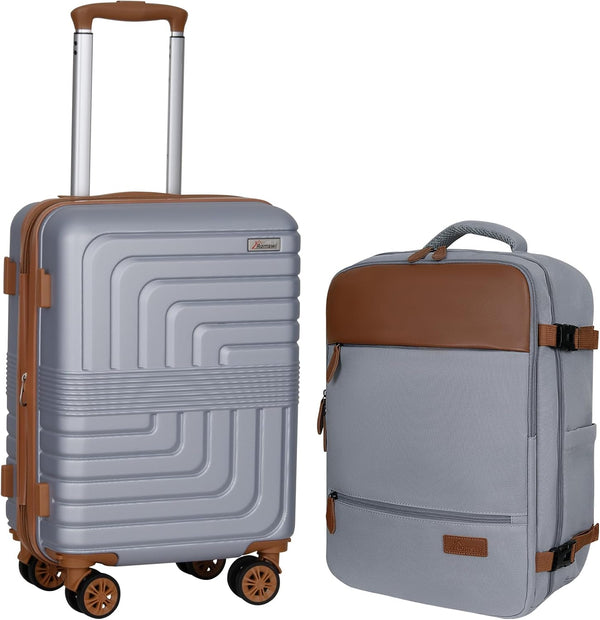 Romswi 2 Ps Expandable Luggage Sets, Carry On Luggage 20In With Travel Backpack, with Spinner Wheels, PC+ABS Hardside Suitcase Set with TSA Lock, Durable Carry On Suitcase Silver