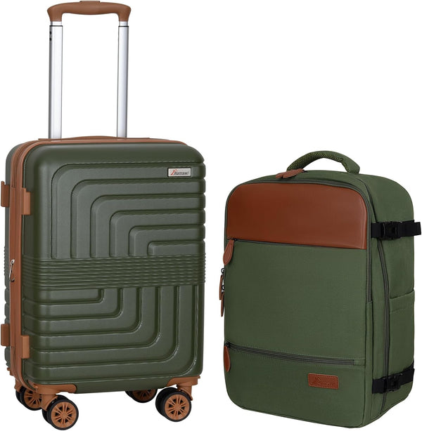 Romswi 2 Ps Expandable Luggage Sets, Carry On Luggage 20In With Travel Backpack, with Spinner Wheels, PC+ABS Hardside Suitcase Set with TSA Lock, Durable Carry On Suitcase Olive Green