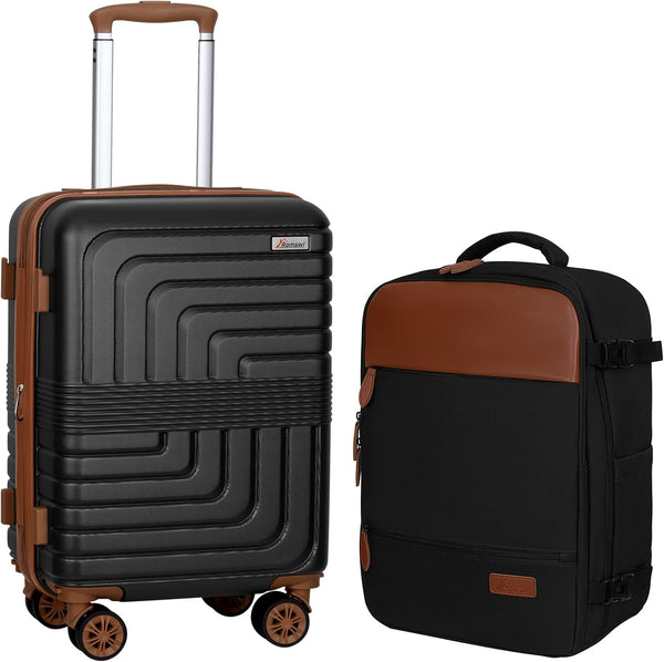 Romswi 2 Ps Expandable Luggage Sets, Carry On Luggage 22In With Travel Backpack, with Spinner Wheels, PC+ABS Hardside Suitcase Set with TSA Lock, Durable Carry On Suitcase for Men Black