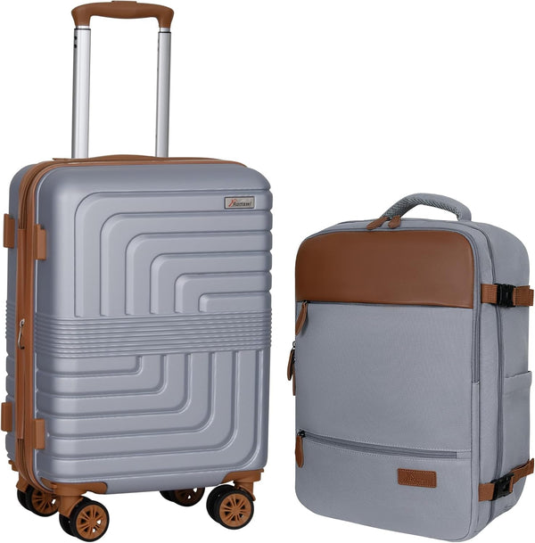 Romswi 2 Ps Expandable Luggage Sets, Carry On Luggage 22In With Travel Backpack, with Spinner Wheels, PC+ABS Hardside Suitcase Set with TSA Lock, Durable Carry On Suitcase Silver