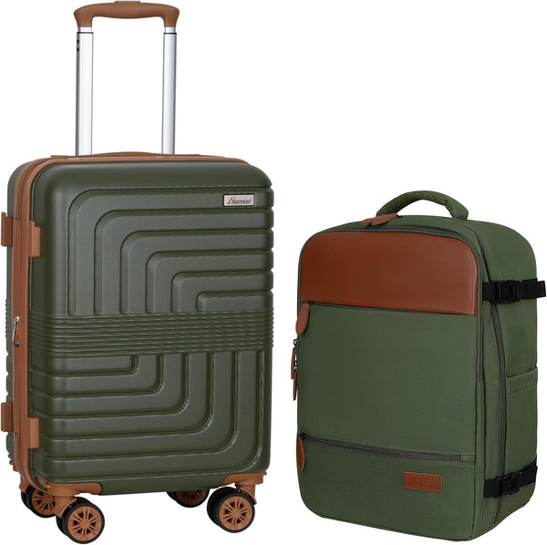 Romswi 2 Ps Expandable Luggage Sets, Carry On Luggage 22In With Travel Backpack, with Spinner Wheels, PC+ABS Hardside Suitcase Set with TSA Lock, Durable Carry On Suitcase Olive Green