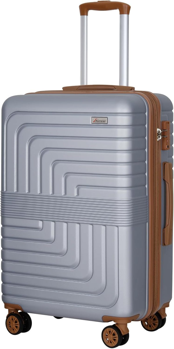 Romswi 24" Expandable Hardside Checked Luggage, Hardshell Suitcase With Double Spinner Wheels, Expandable For Up to 25% More Space, With Scratch-Resistant Surface, Silver