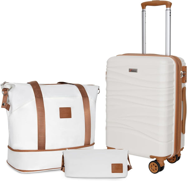 Romswi 20 Inch Expandable Carry On Luggage Sets,Lightweight PC+ABS Hardshell Luggage with Spinner Wheels TSA Lock, Durable Suitcase Sets with Duffel Bag Travel Bag,3 Pcs, White