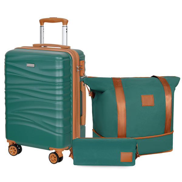Hykolity 3-Piece 20 Inch Expandable Carry On Luggage Set, Lightweight PC+ABS Hardshell Suitcase with Spinner Wheels & TSA Lock, Includes Durable Duffel Bag and Travel Bag, Green