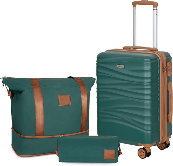 Romswi 20 Inch Expandable Carry On Luggage Sets,Lightweight PC+ABS Hardshell Luggage with Spinner Wheels TSA Lock, Durable Suitcase Sets with Duffel Bag Travel Bag,3 Pcs, Green