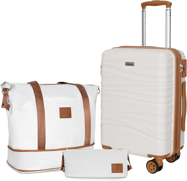 Romswi 22 Inch Expandable Carry On Luggage Sets,Lightweight PC+ABS Hardshell Luggage with Spinner Wheels TSA Lock, Durable Suitcase Sets with Duffel Bag Travel Bag,3 Pcs, White