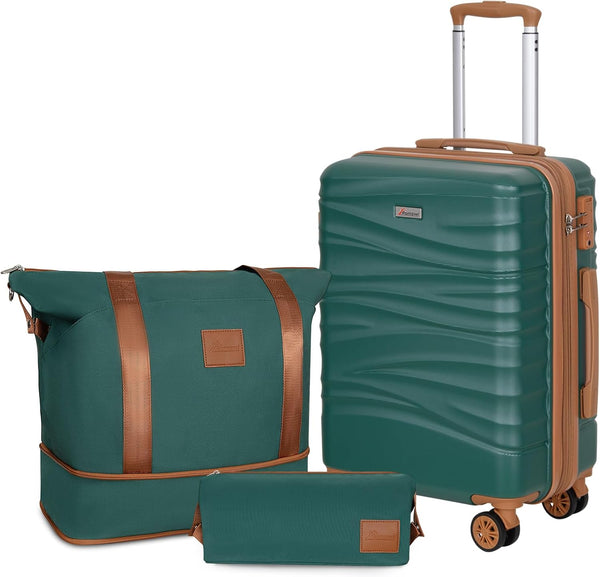 Romswi 22 Inch Expandable Carry On Luggage Sets,Lightweight PC+ABS Hardshell Luggage with Spinner Wheels TSA Lock, Durable Suitcase Sets with Duffel Bag Travel Bag,3 Pcs, Green