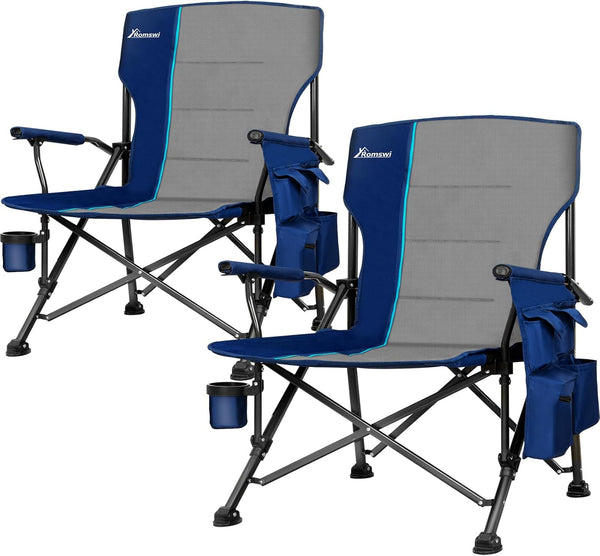 Romswi 2 Pack Oversized Camping Chairs, Heavy Duty 500LBS Capacity, Folding Chairs with Hard Armrests, Cup Holder & Side Pockets for Outdoor, Beach, Garden