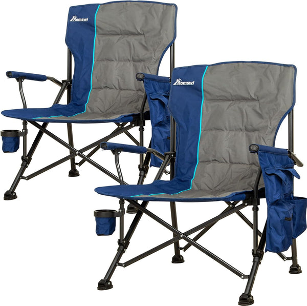Romswi Oversized Camping Chairs 2 Pack with Hard Armrest Chair,Heavy Duty Supports 500LBS,Folding Chairs with Cooler Bag,Cup Holder & Lumbar Support for Outdoor,Beach,Garden,Fishing