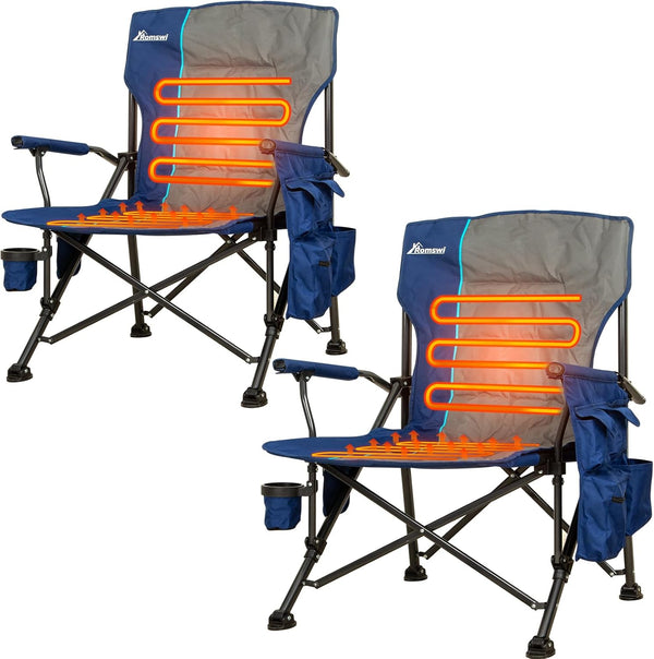 Romswi Heated Camping Chairs 2 Pack with Dual Control, 3-Heat Settings & Dual Zone Heating, Oversized Heavy Duty 500LBS, Hard Armrest with Cup Holder