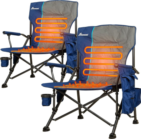 Romswi Heated Oversized Camping Chairs 2 Pack with Hard Armrest Chair,Heavy Duty Supports 500LBS,Folding Chairs with Side Pockets,Cup Holder & Lumbar Support for Outdoor,Beach,Garden,Fishing