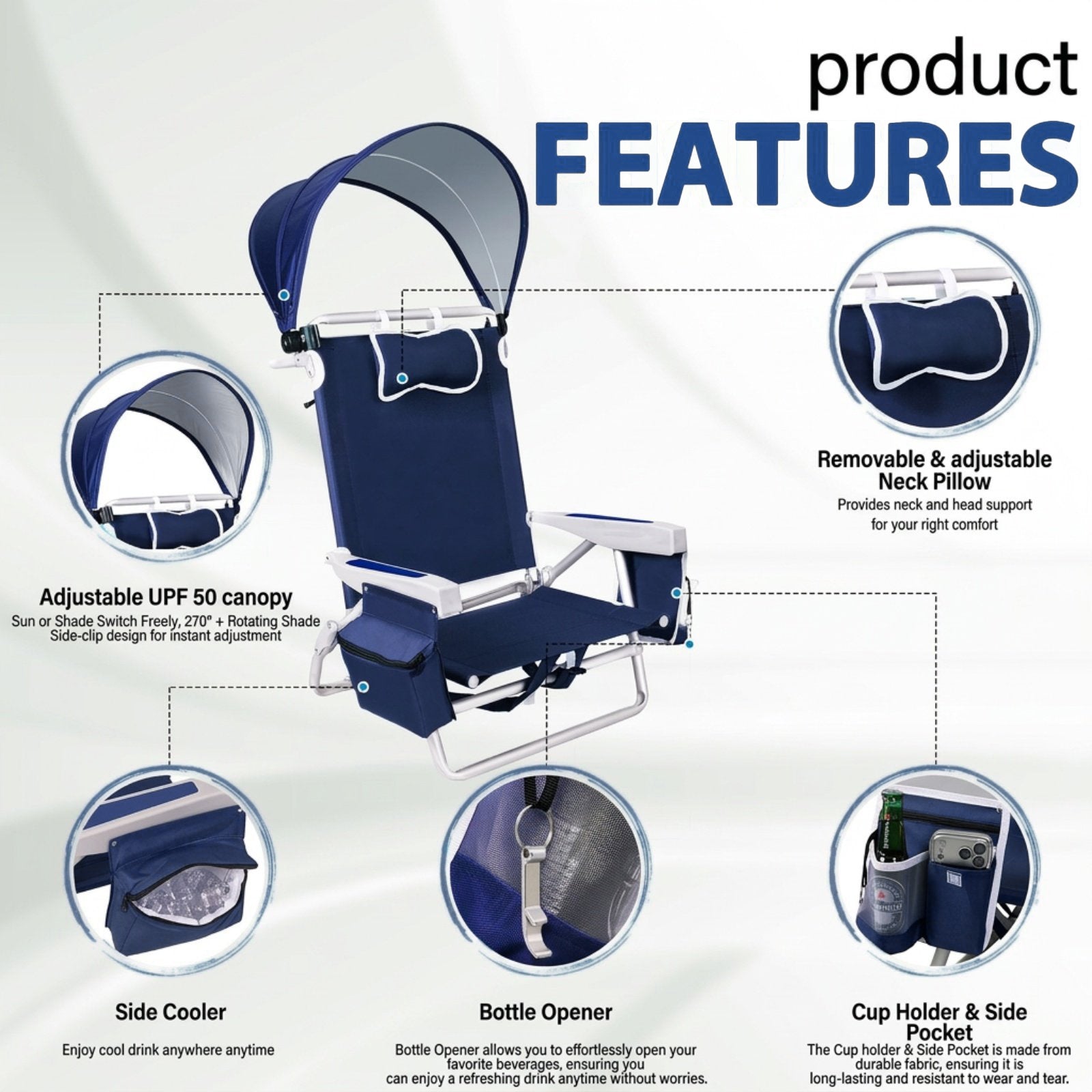SUNSPIRE Beach Chair Canopy Adjustable Shade, 5-Position Lay Flat Alum ...