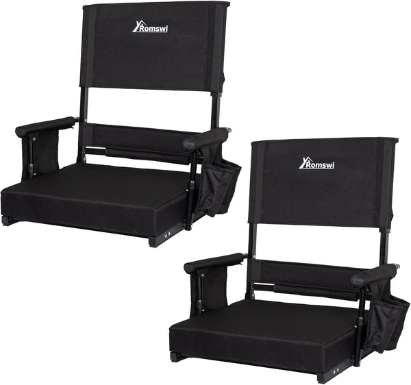 Romswi Extra Tall Stadium Seat with 2-Position Adjustable High Back, 2-Pack Bleacher Chair with Lumbar Support, Armrests, Cup Holders & Carry Strap (Black)