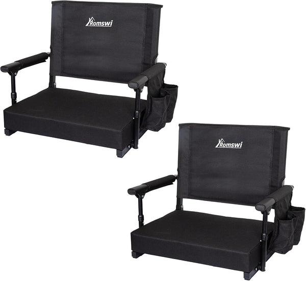 Romswi Stadium Seat with Back Support, 2-Pack Bleacher Chair with Armrests and Cup Holders,Comfortable, Lightweight & Portable Folding Design for Outdoor Events