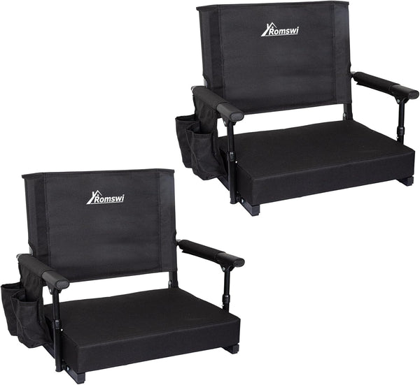 Romswi 2-Pack Stadium Seats with Back Support & Armrests, Lightweight Bleacher Chairs with 2 Cup Holders, Portable for Football Games & Events, Black