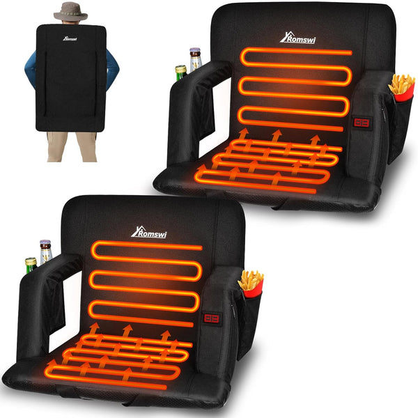 Romswi 2PK Dual-Sided Heated Stadium Seat with Back Support,3-Level Heating Bleacher Chair with Backrest and Armrest, 6 Reclining Positions, 5 Pockets Portable Stadium for Outdoor,Black