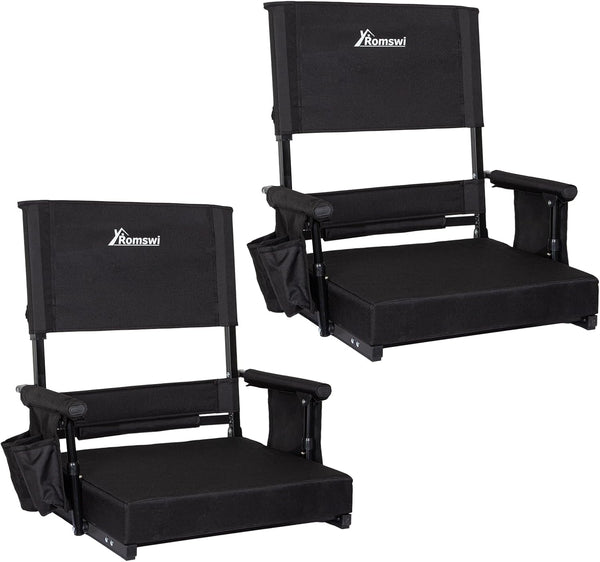 Romswi Stadium Seat with Height Adjustable High Back & Lumbar Support, 2-Pack Bleacher Chairs with 2 Height Adjustments, Armrests & Cup Holders, Comfortable & Portable, Black