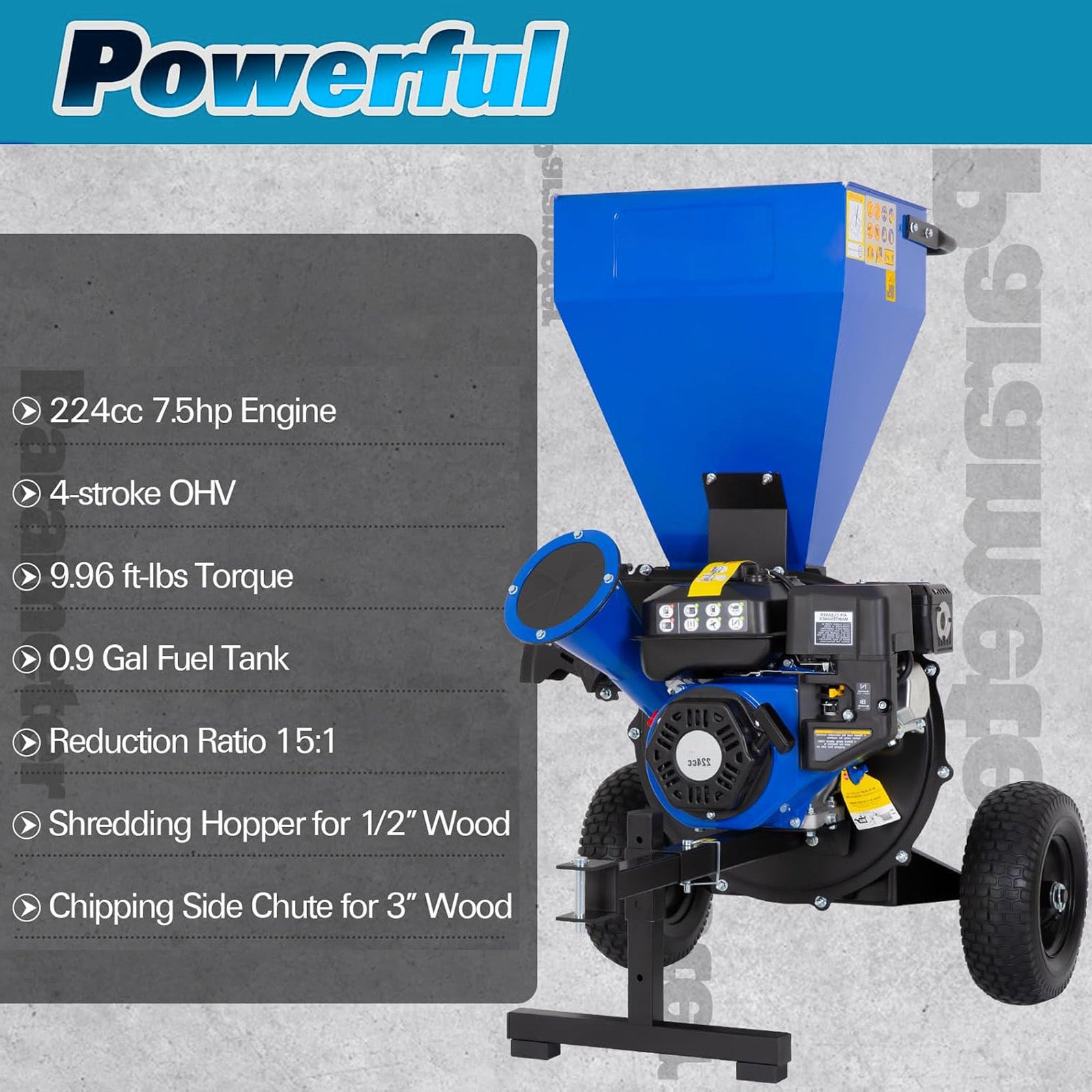 Hykolity Wood Chipper 7.5 HP Gas Powered Shredder with Tow Hitch Colle