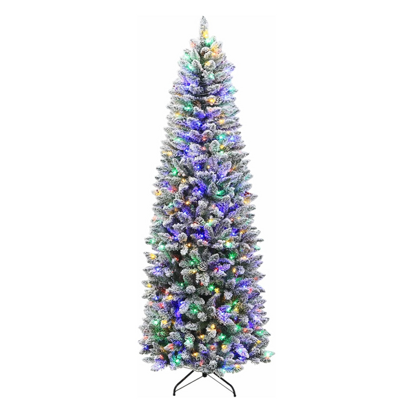 Hykolity Prelit Snow Flocked Pencil Slim Christmas Tree with Color Changing LED Lights, Metal Stand and Hinged Branches, 10 Color Modes
