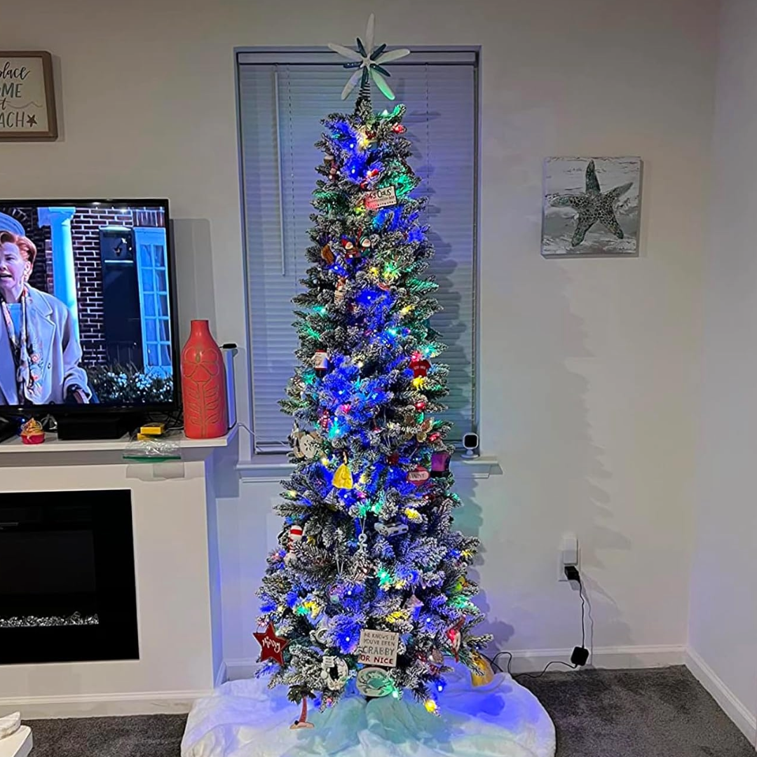 Hykolity 6.5'/7.5'/9' Prelit Snow Flocked Pencil Slim Christmas Tree with Color Changing LED Lights, Metal Stand and Hinged Branches, 10 Color Modes