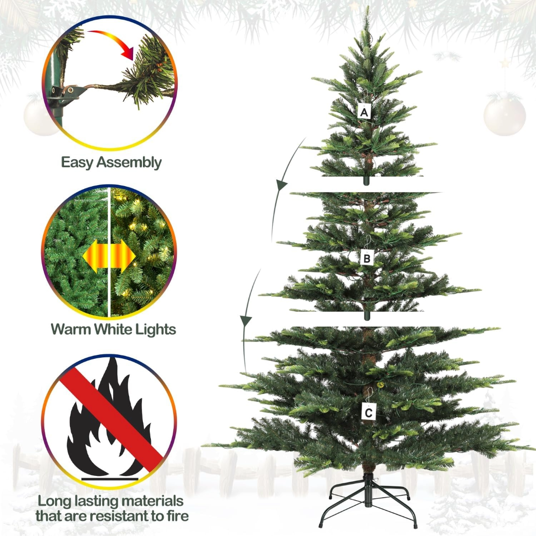 Hykolity 6.5'/7.5' Lifelike Prelit Christmas Tree, Aspen Fir Artificial Christmas Tree with Warm White LED Lights, Branch Tips, Metal Stand and Hinged Branches