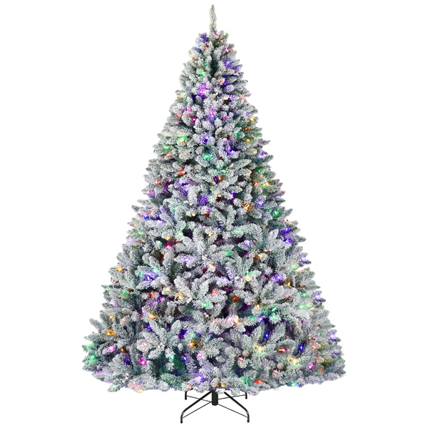 Hykolity 6.5'/7.5'/9' Prelit Snow Flocked Christmas Tree with Pine Cones and Berries, Color Changing LED Lights, Branch Tips, Metal Stand and Hinged Branches, 10 Color Modes