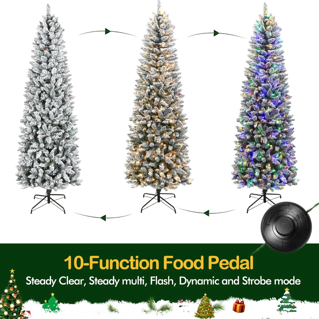 Hykolity 6.5'/7.5'/9' Prelit Snow Flocked Pencil Slim Christmas Tree with Color Changing LED Lights, Metal Stand and Hinged Branches, 10 Color Modes