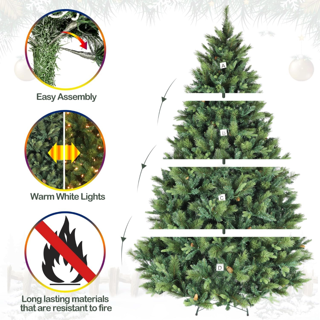 Hykolity 6.5'/7.5'/9' Lifelike Prelit Christmas Tree with Warm White LED Lights, Branch Tips, Pinecones, Metal Stand and Hinged Branches