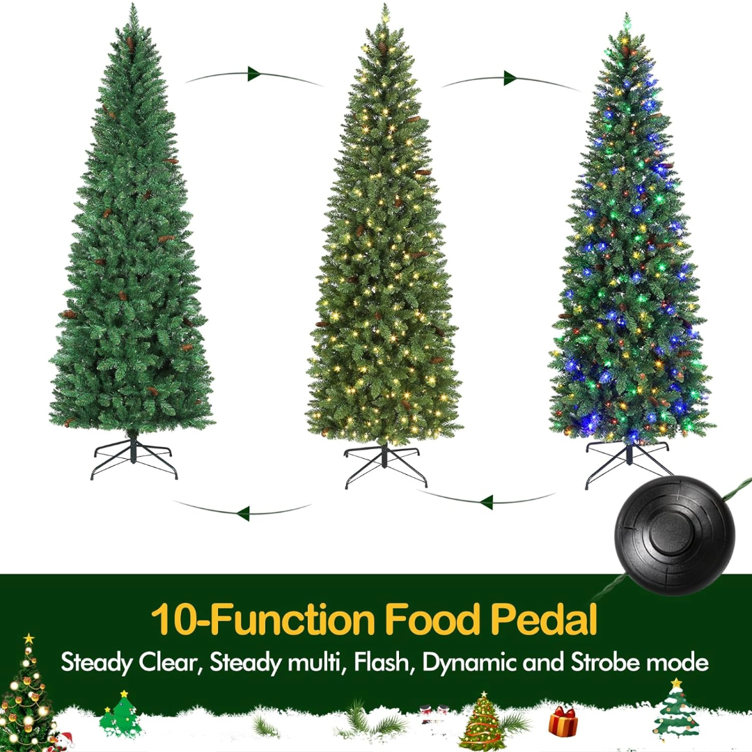 Hykolity 6.5'/7.5'/9' Prelit Pencil Slim Christmas Tree with Color Changing LED Lights, Branch Tips, Metal Stand and Hinged Branches, 10 Color Modes