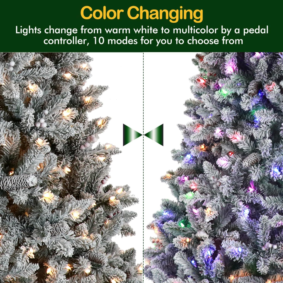 Hykolity 6.5'/7.5'/9' Prelit Snow Flocked Christmas Tree with Pine Cones and Berries, Color Changing LED Lights, Branch Tips, Metal Stand and Hinged Branches, 10 Color Modes